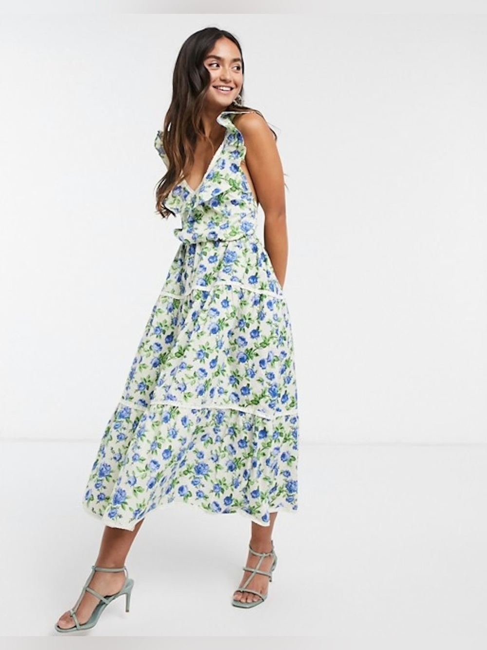 ASOS Design floral maxi dress ditsy eyelet broidery trim tiered ruffle open back